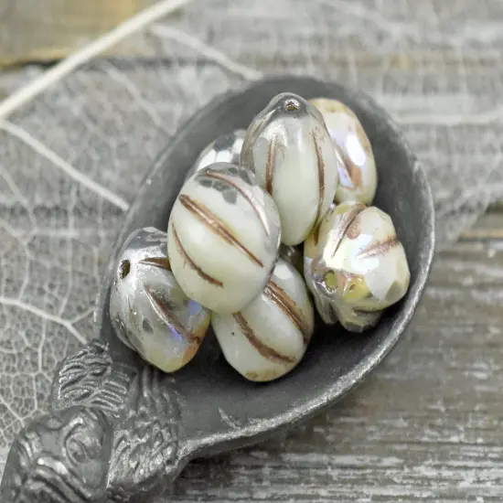 *12* 10mm Metallic Beige Washed Silvered Ivory Faceted Round Melon Beads {2}