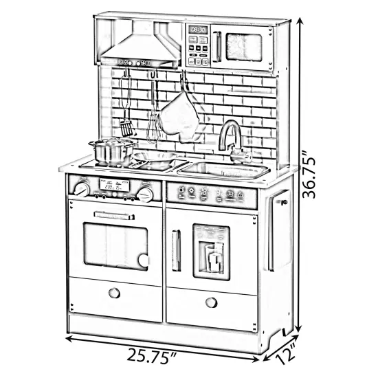 Wooden Play Kitchen Toy, Light on Microwave, Cabinet, Sound Electronic Stove, Microwave and Sink Ages 3+ {5}