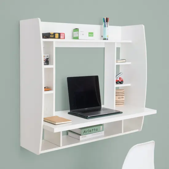 Versatile Wall Mount Floating Computer Desk - Stylish and Space-Saving Writing Study Table with Shelves - Ideal for Living Room, Bedroom, and Home Office White {2}