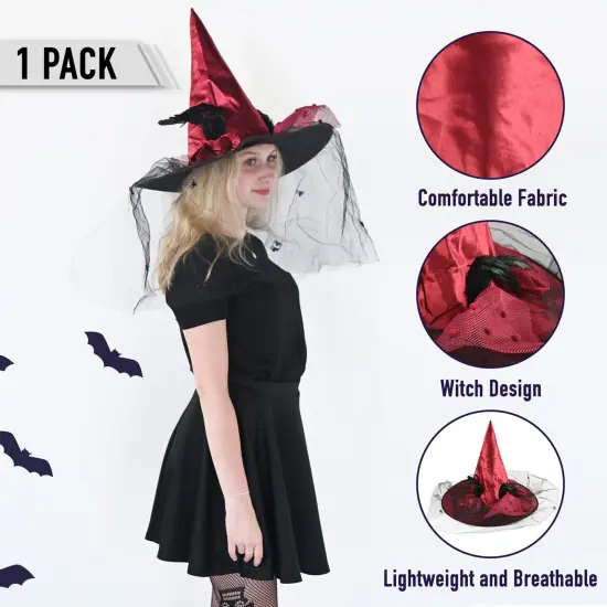 Deluxe Pointed Witch Hat - Glamorous Red Witches Accessories Fancy Satin Hat with Bow, Spiders and Black Feathers {5}