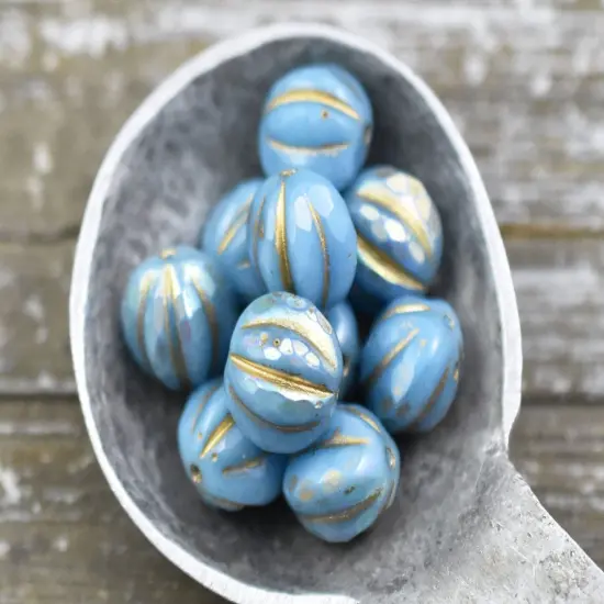 *10* 10mm Gold Washed Sky Blue AB Faceted Round Melon Beads {1}