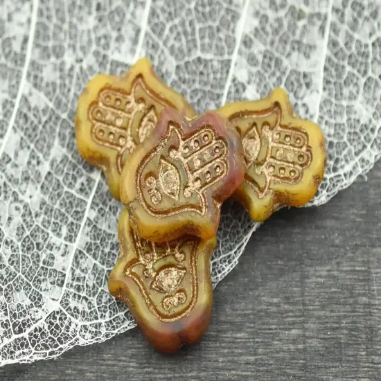 *10* 15x14mm Bronze Patina Washed Matte Varigated Orange Topaz Hamsa Hand Beads {2}