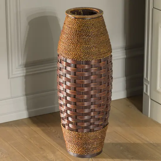 Antique Cylinder Style Floor Vase For Entryway or Living Room, Bamboo Rope, Brown 26 Tall {5}