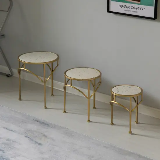 Decorative Gold Metal Round Plant Stand, Modern White Marble Look Top Display End Side Table, Set of 3 {5}