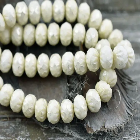 *25* 6x9mm Silver Mercury Washed Opaque Ivory Cruller Rondelle Beads {5}