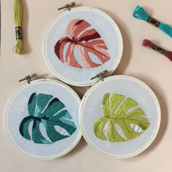 MCreativeJ Variegated Monstera- DIY Beginner Hand Embroidery Kit Coral {3}