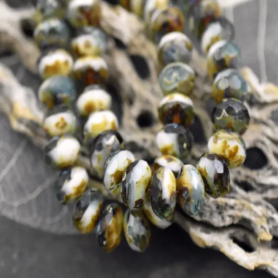 *25* 6x8mm Aqua Beige Topaz Picasso Blended Fire Polished Round Beads {6}