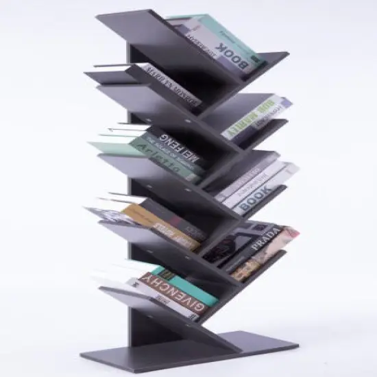 Wooden 9-Shelf Tree Magazine CD Storage Bookcase Gray {9}