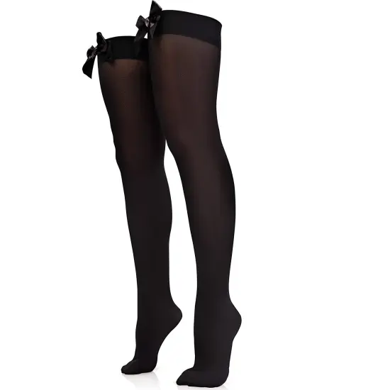 Bow Accent Thigh Highs - Black Over the Knee High Stockings with Black Satin Ribbon Bow Accent for Women and Girls {1}