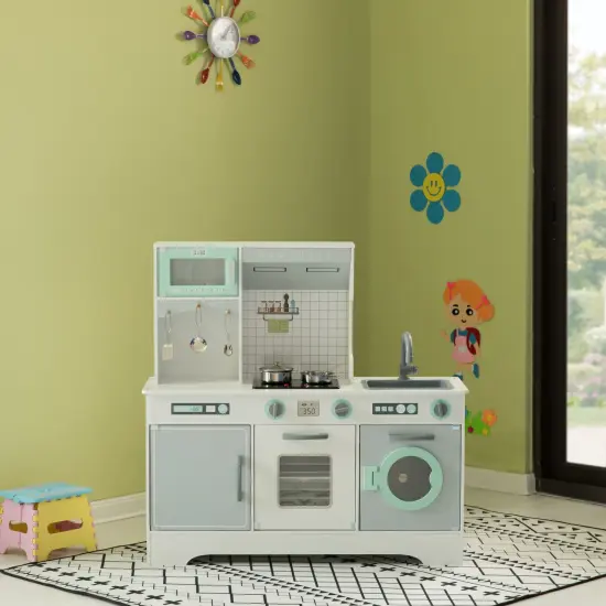 Wooden Play Kitchen Toy, Light on Microwave, Cabinet, Washer, Sound Electronic Stove, Microwave and Sink Ages 3+ {4}