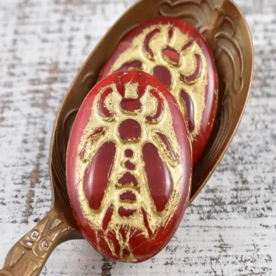 *4* 22x18mm Gold Washed Red Opal Silk Bumblebee Oval Beads {5}