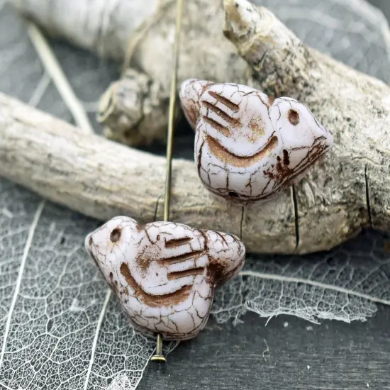 *6* 11x22mm Dark Bronze Washed Opaque Matte Winter White Bird Beads {1}