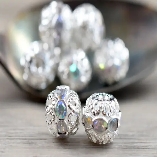 Bright Silver w/Crystal AB Rhinestone Filigree Round Beads -- Choose Your Size {3}