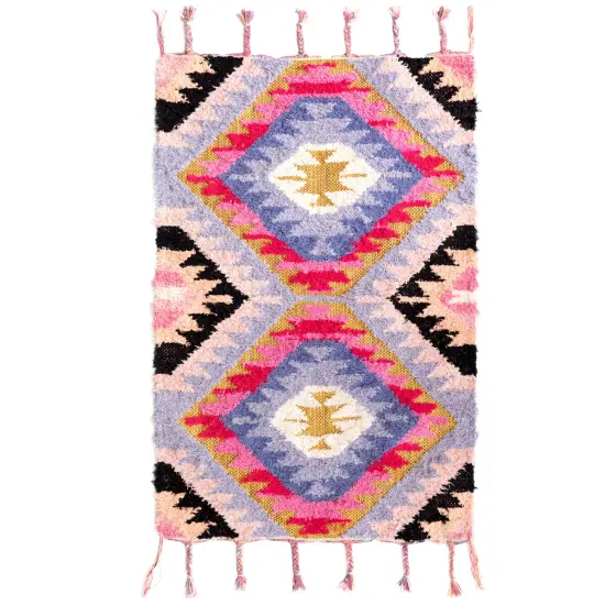 Handwoven Boho Pink Gold Metallic Cotton Flatweave Kilim Area Rug, 2' x 3' {3}