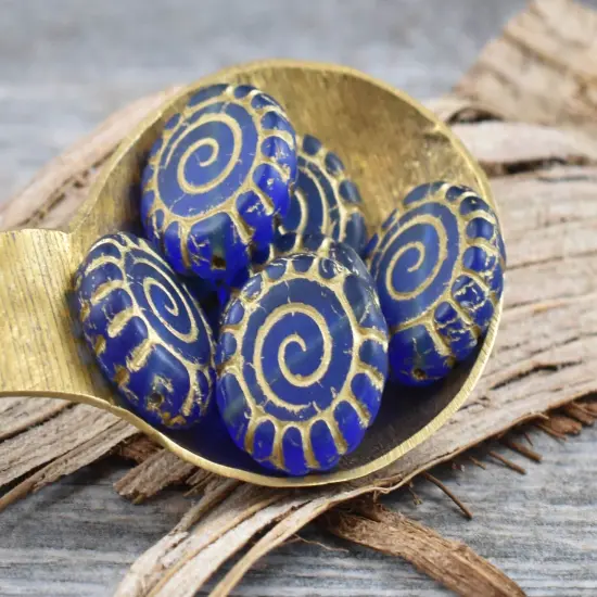 *2* 16mm Bronze Washed Matte Cobalt Spiral Coin Beads {5}
