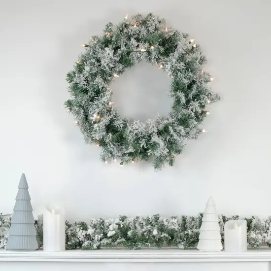 Northlight Pre-Lit Flocked Victoria Pine Artificial Christmas Wreath - 24" - Clear Lights Green {3}