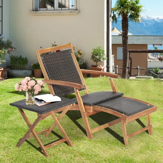 Costway 4PCS Patio Rattan Folding Lounge Chair Table Acacia Wood withRetractable Footrest {3}