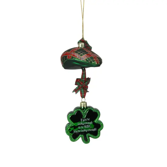 Kurt Adler 9" Noble Gems Luck of the Irish Glittered Glass Plaid Cap with Shamrock Christmas Ornament Green {1}