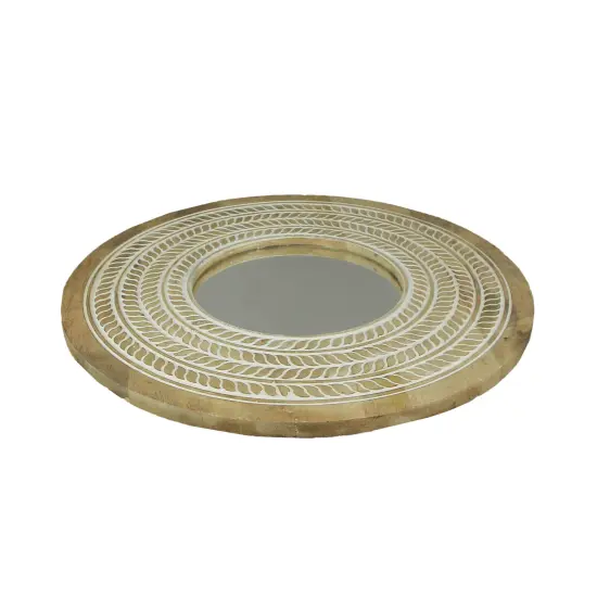 Carved Wooden Frame Round Wall Mirror 23.5 Inch Diameter Hand Painted Accents {3}