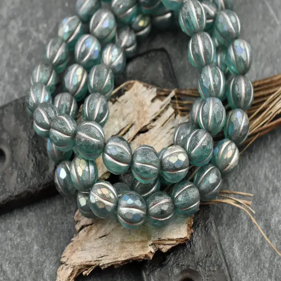 *20* 8mm Metallic Beige Washed Matte Teal AB Faceted Round Melon Beads {4}