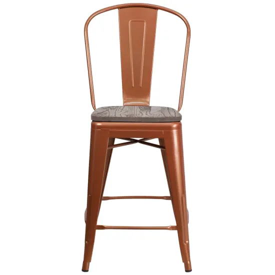 Merrick Lane Sarah 24" Metal Indoor-Outdoor Counter Stool with Vertical Slat Back, Integrated Footrest and Wood Seat Copper {2}