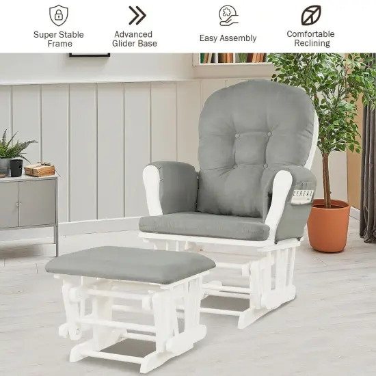 Solid Wood Gliding Chair Set with Pockets and Ottoman for Relaxing Light Grey {3}