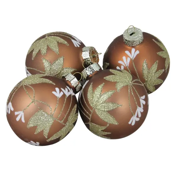 Northlight Glittered Flower Vine Glass Christmas Ball Ornaments - 3" (75mm) - Bronze - 4ct Brown {1}