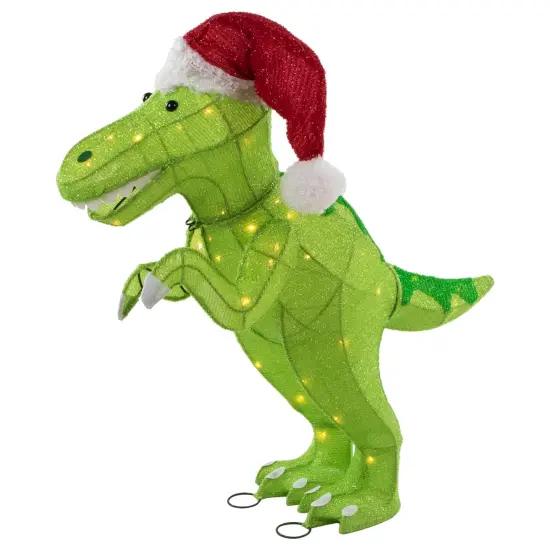 Northlight LED Lighted Tinsel Santa T-Rex Dinosaur Outdoor Christmas Decoration - 30" - Warm White Green {4}