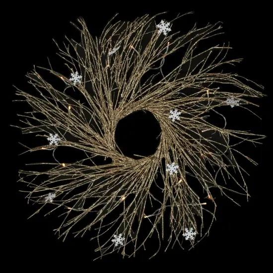 Northlight Pre-lit Glittered Twig and Snowflake Christmas Wreath - 28" - Warm White LED Lights Gold {4}