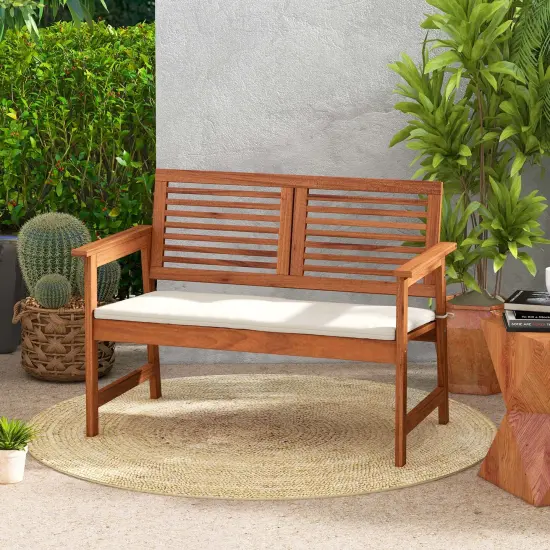 Costway Patio Bench Outdoor Solid Wood Loveseat Chair with Backrest & Cushion Porch Garden {1}