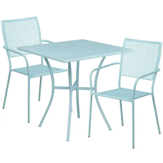 Emma and Oliver Commercial Grade 28" Square Metal Garden Patio Table Set w/ 2 Square Back Chairs Sky Blue {1}