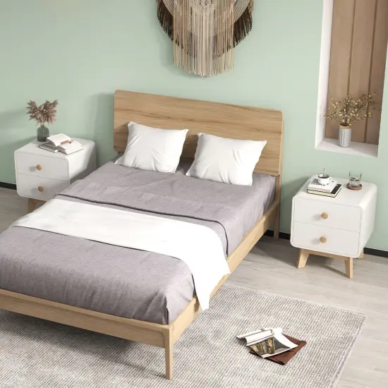 Costway 1/2 PCS Nightstand Mid Century Modern Bedside Table with 2 Drawers Solid Rubber Wood Legs White {9}