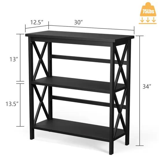 Costway Wooden Shelf Bookcase 3-Tier Open Bookshelf W/X-Design Freestanding Rack BlackBrownNaturalWhite {3}