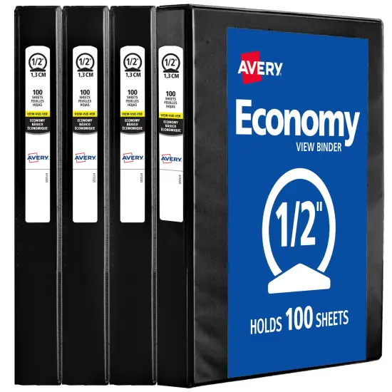 Avery 0.5" Economy View 3 Ring Binders, Round Rings, 100-Sheet Capacity, Black, 4 Pack (17701) {1}