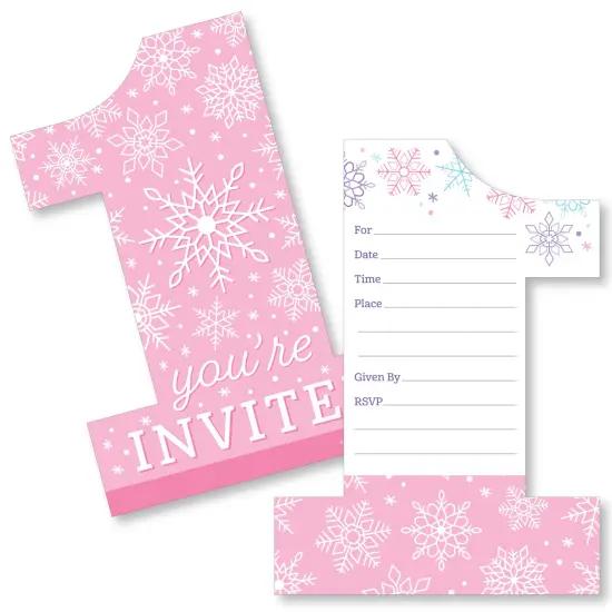 Big Dot of Happiness Pink Snowflakes 1st Birthday Shaped Fill-In Invitations - Girl Winter ONEderland Party Invitation Cards with Envelopes Set of 12 {1}