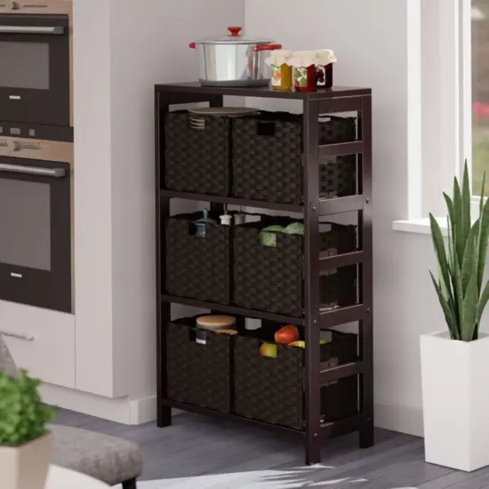 Contemporary Home Living 7 Pc Storage Shelf with 6 Foldable Woven Baskets - 42" - Espresso and Chocolate Brown {3}