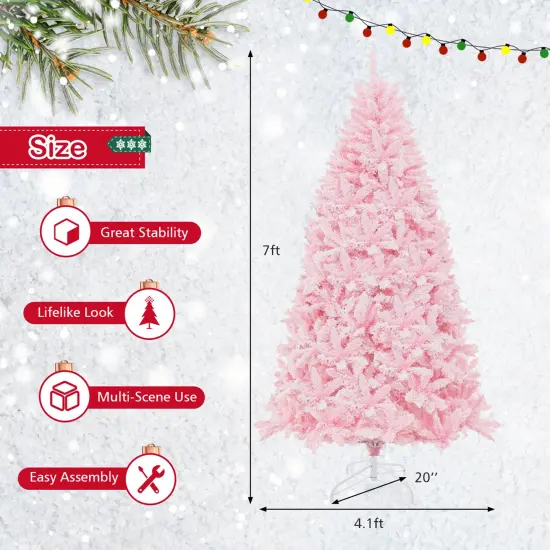 Costway 7 FT Flocked Artificial Christmas Tree Hinged with 500 LED Lights 1200 Branch Tips {4}