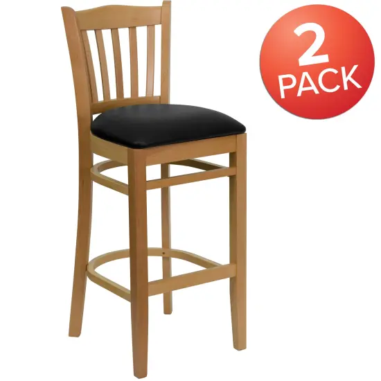 Emma and Oliver 2 Pack Vertical Slat Back Wooden Restaurant Barstool BlackVYL/NaturalWood {5}
