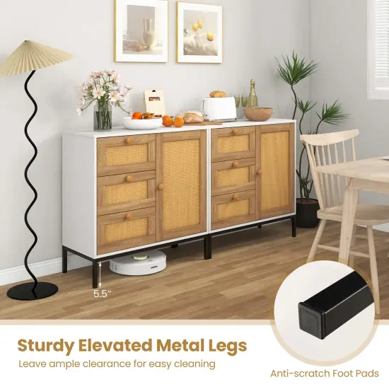 Costway Rattan Buffet Sideboard with 3 Drawers & 1 Door Sturdy Metal Legs Storage Cabinet {5}