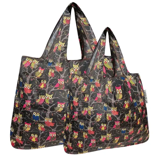 Wrapables Large & Small Foldable Tote Nylon Reusable Grocery Bags, Set of 2 Owls {1}