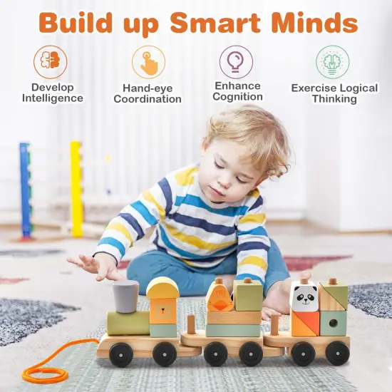 Costway Kids Wooden Train Set Toddler 3-Section Toy Train with Stackable Building Blocks {6}