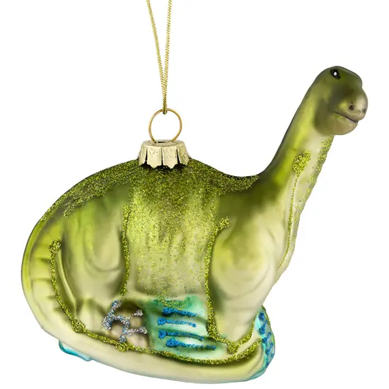 Northlight 4" Glittered Brontosaurus Dinosaur Glass Christmas Ornament Green {4}