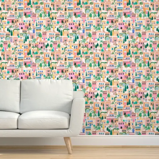 Pre-Pasted Wallpaper 2FT Wide Pink Lake Seaside Palm Trees Houses Garden Tropical Italian Hand Painted Villa Adventure Plants Medium Scale Custom Pre-pasted Wallpaper by Spoonflower {5}