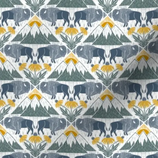 Various Fabrics by the Yard or Fat Quarter Bison Western Floral Blue Yellow Mountains Prairie National Parks Wildflower Lattice Custom Printed Fabric by Spoonflower {7}