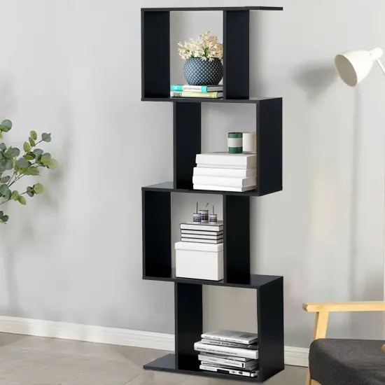Costway 4-tier S-Shaped Bookcase Free Standing Storage Rack Wooden Display Decor Black {3}
