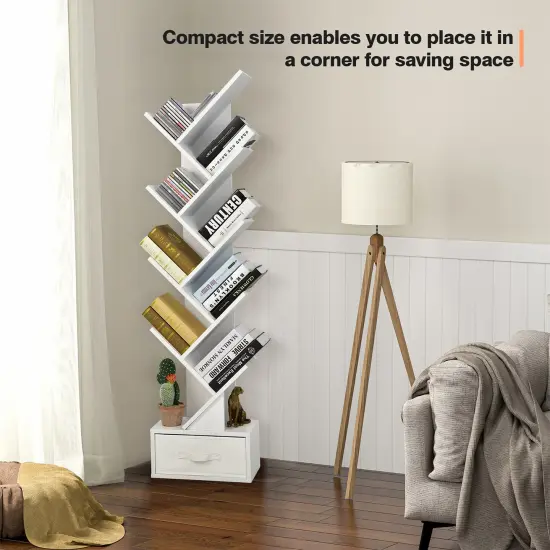 Costway 10-tier Tree Bookshelf with Drawer Free-standing Bookcase Storage Shelf White\Brown {6}