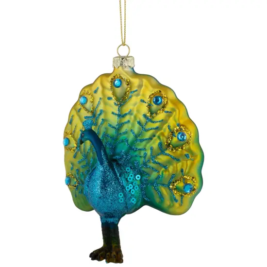 Northlight Standing Glittered Peacock Glass Christmas Ornament - 4.75"- Yellow and Blue {5}