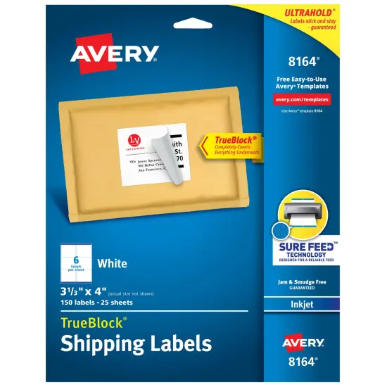 Avery TrueBlock Shipping Labels, Sure Feed Technology, Permanent Adhesive, 3-1/3" x 4", 150 Labels (8164) {1}