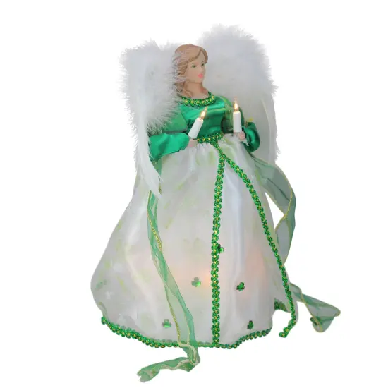 Kurt Adler 12" Green and White Lighted Luck of the Irish Angel Christmas Tree Topper {3}