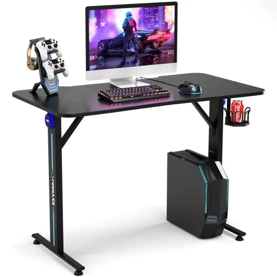 Costway Gaming Desk Home Office PC Computer Desk w/LED Lignt&Gaming Handle Rack {1}